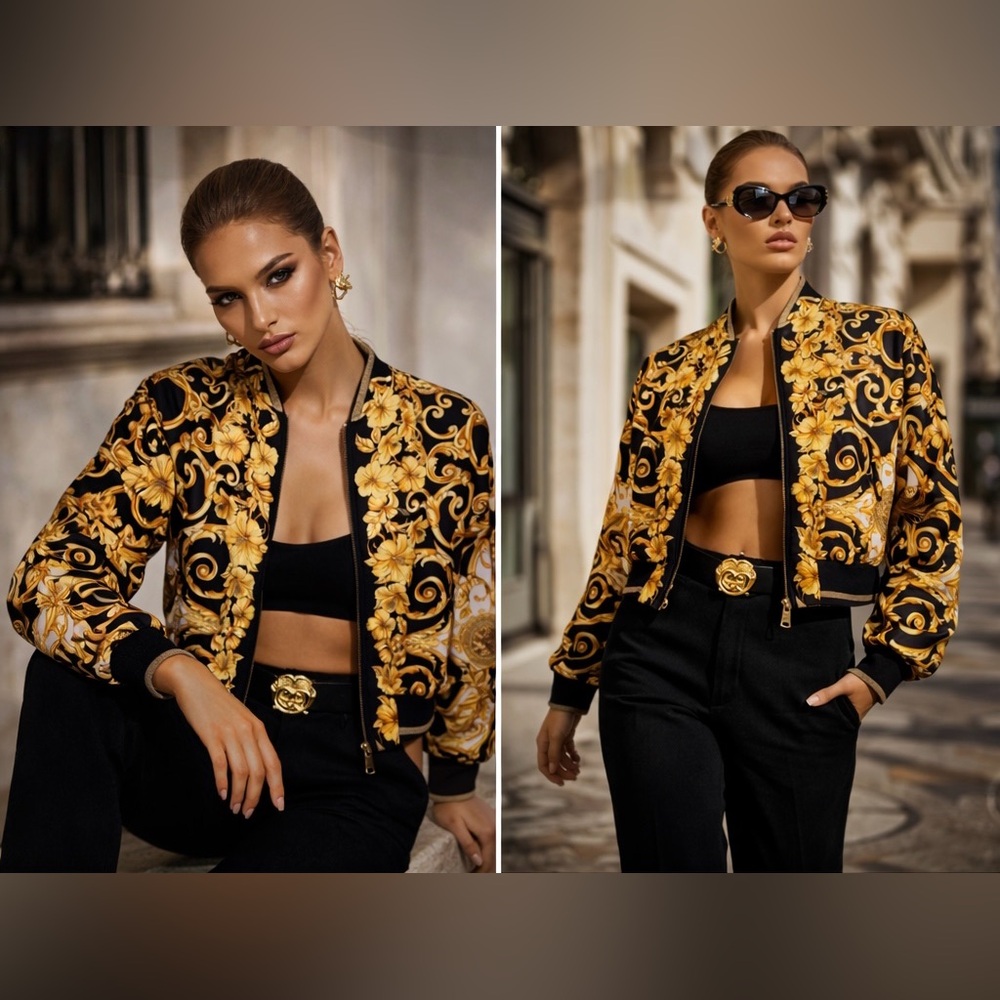 Versace Black & Gold Baroque Bomber Jacket -New with Tag - Small/38